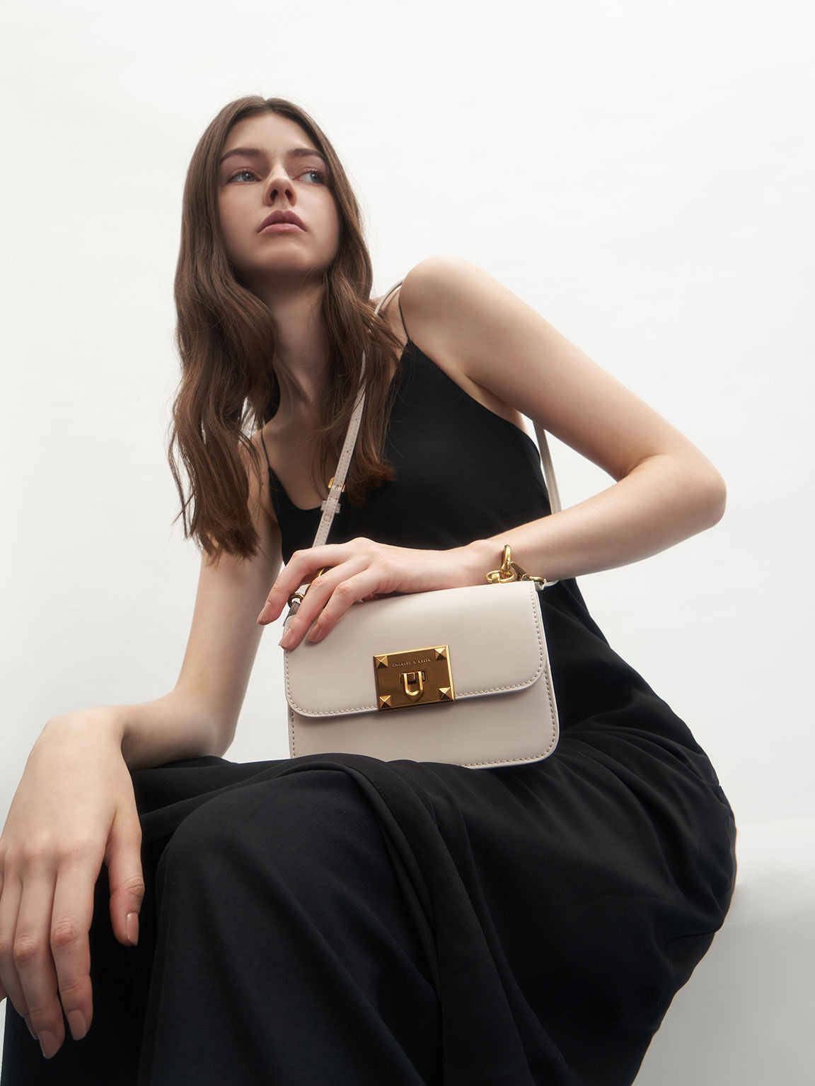 White Charles & Keith Bag Ivory Canvas Metallic Turn-Lock Bag - CHARLES & KEITH BE