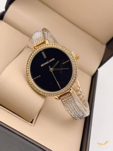 KM Gold Chain Black Dial Diamond Studded Ladies Watch 493131