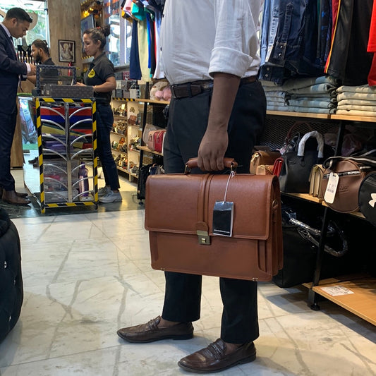 Brown colour Genuine Leather Heavy Quality Big Size Lock Laptop Bag 4213