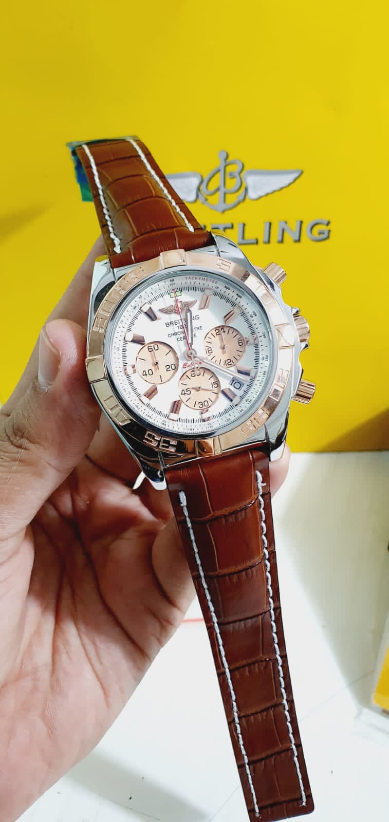 Brown Strap Silver Copper Ring White Copper Dial Chrono Working Men’s Watch