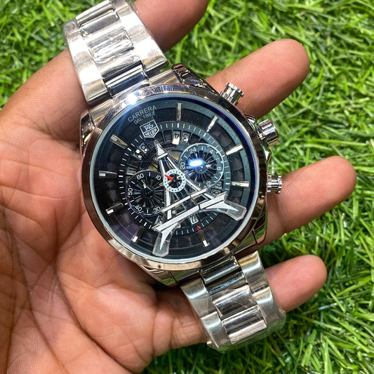 Silver Chain Silver Ring Black Dial Tag Gat Chrono Workinh Men’s Watch
