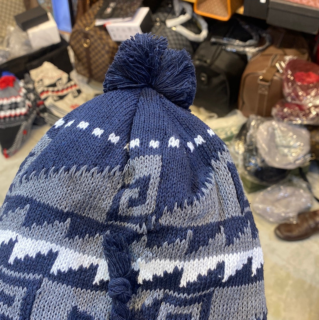 Navy Blue Grey White Ear flaps features braided tassels Beanie Cap 9334