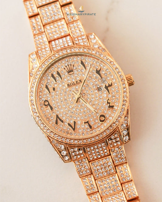 Rose Gold Roman Numbers Studded Diamond Chain Chrono Watch For Men