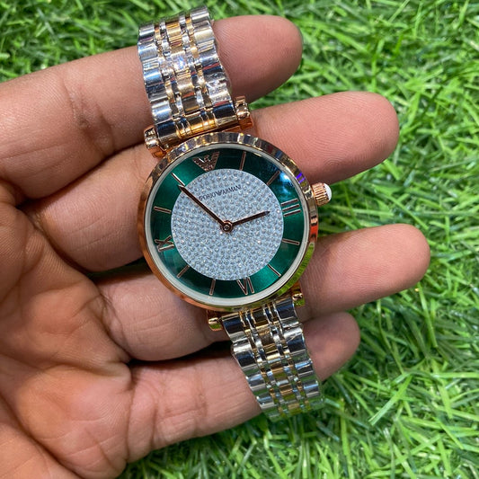 Mra Copper Silver Chain Green White Stud Dial Ladies Watch