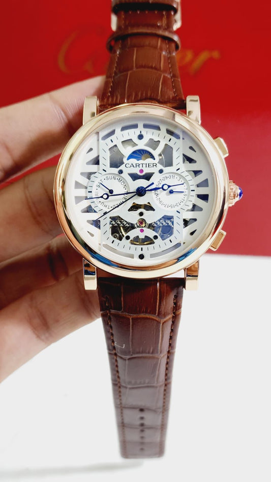 Brown Strap White Dial Copper Ring Automatic Man Watch