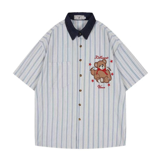 3MODE Sister White Blue Colour With Black Line Teddy Embroidery Premium Quality Drop Shoulder Shirt 1056