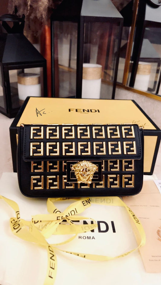 Nef Black Gold Colour high Quality Leather Ladies Hand Bag 1691