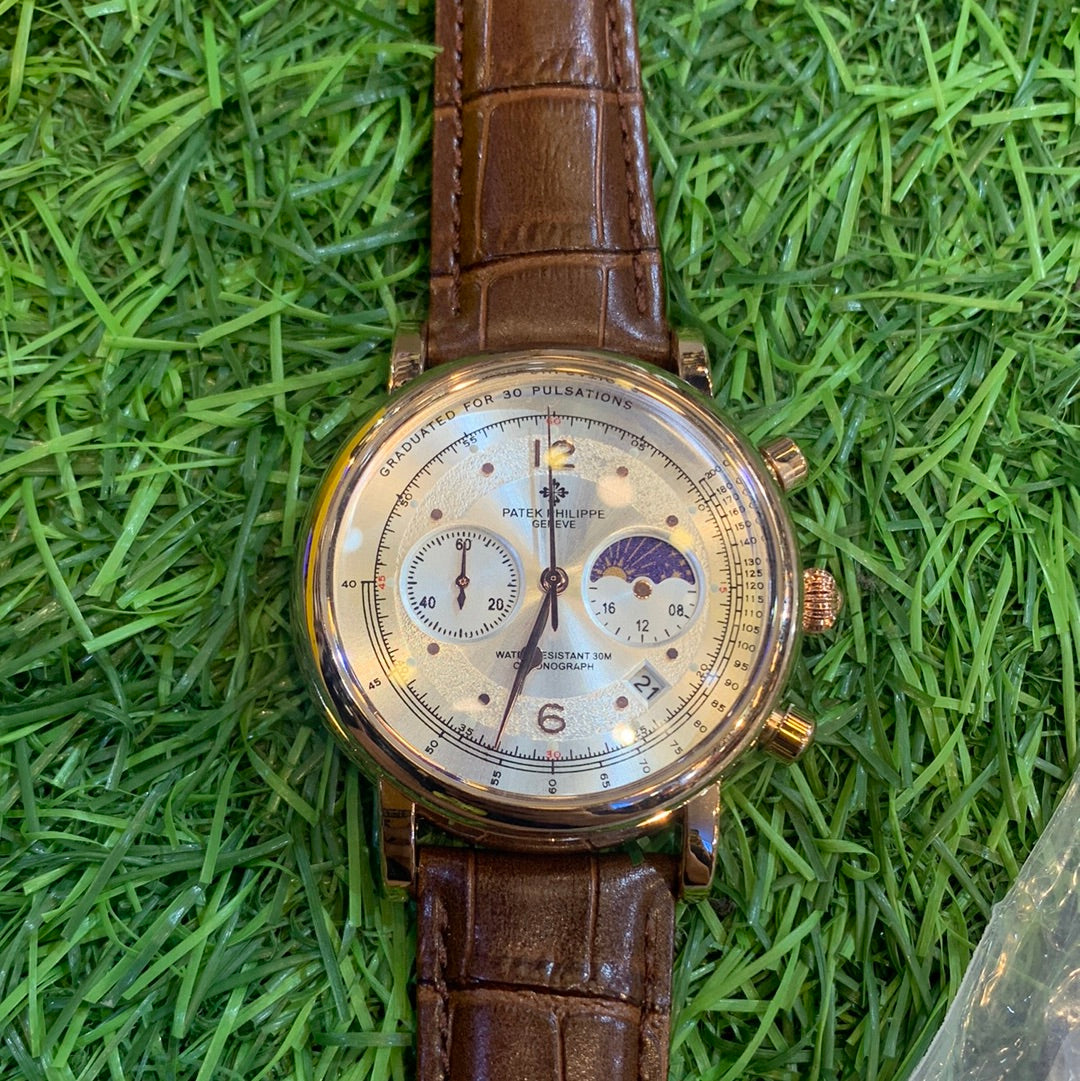 Pp Brown Strap Copper Ring White Dial Men Watch 901202