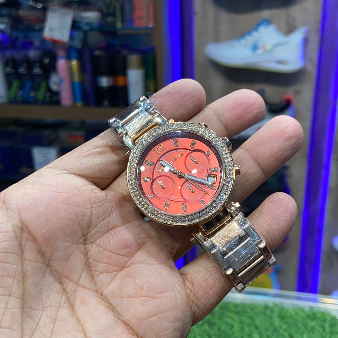 Cim Red Copper Chrono Stud CIM Ladies Chain Watch