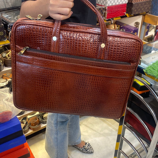 Brown Colour Zipper Genuine Leather Laptop Bag 4210