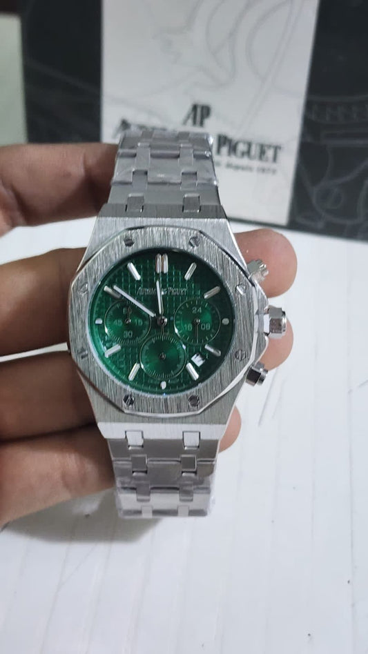 Dua Silver Chain Green Dial Chrono Working Men Watch