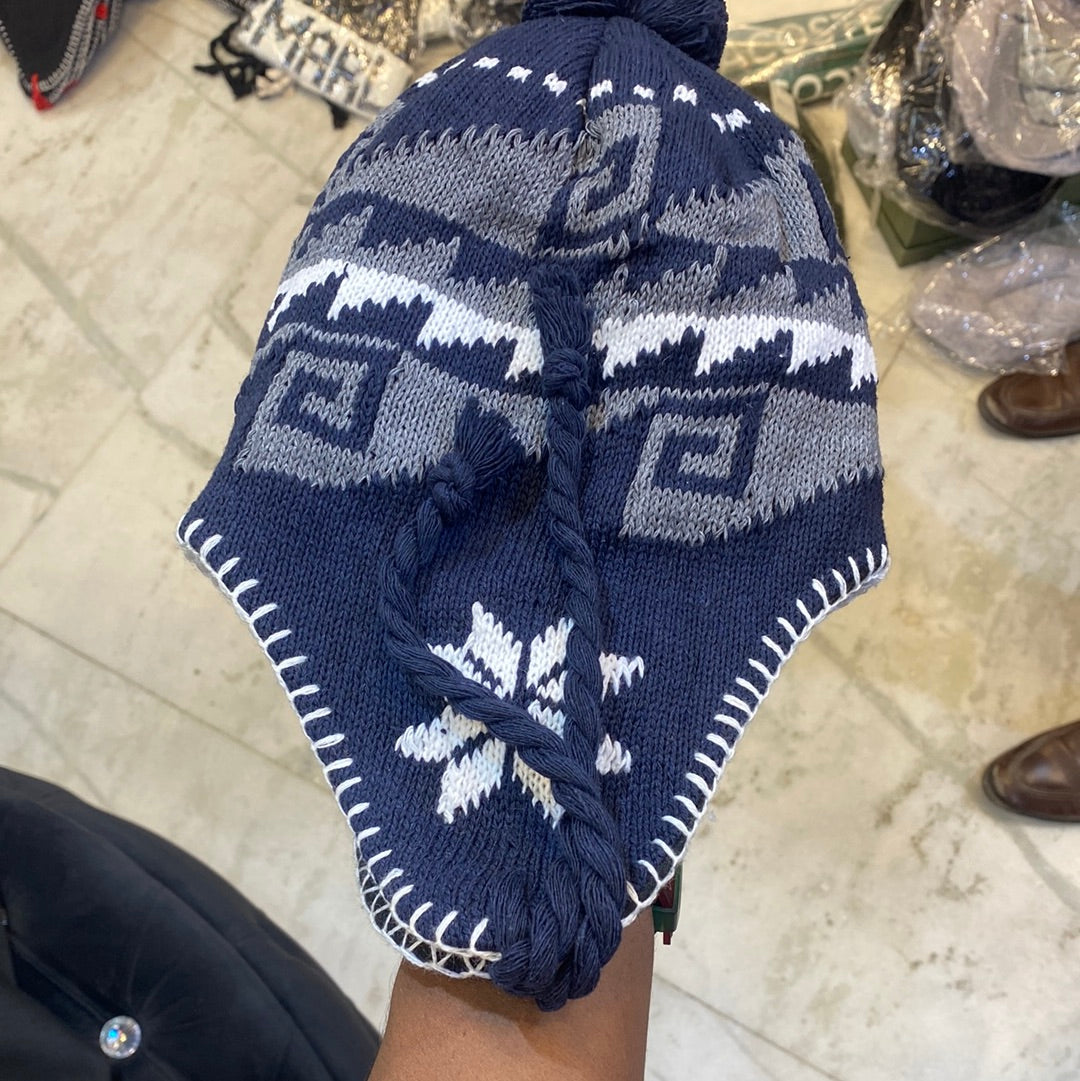 Navy Blue Grey White Ear flaps features braided tassels Beanie Cap 9334