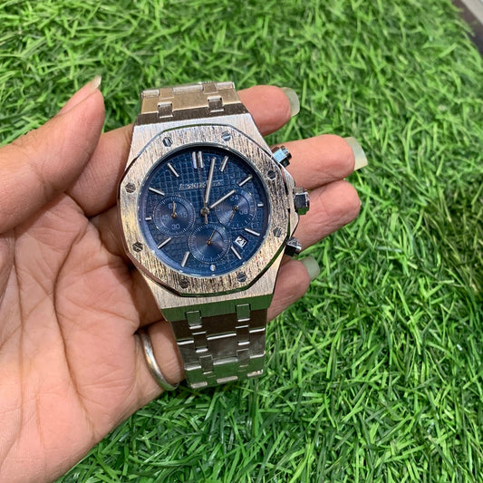 Dua Silver Chain Blue Dial Chrono Working Men Watch
