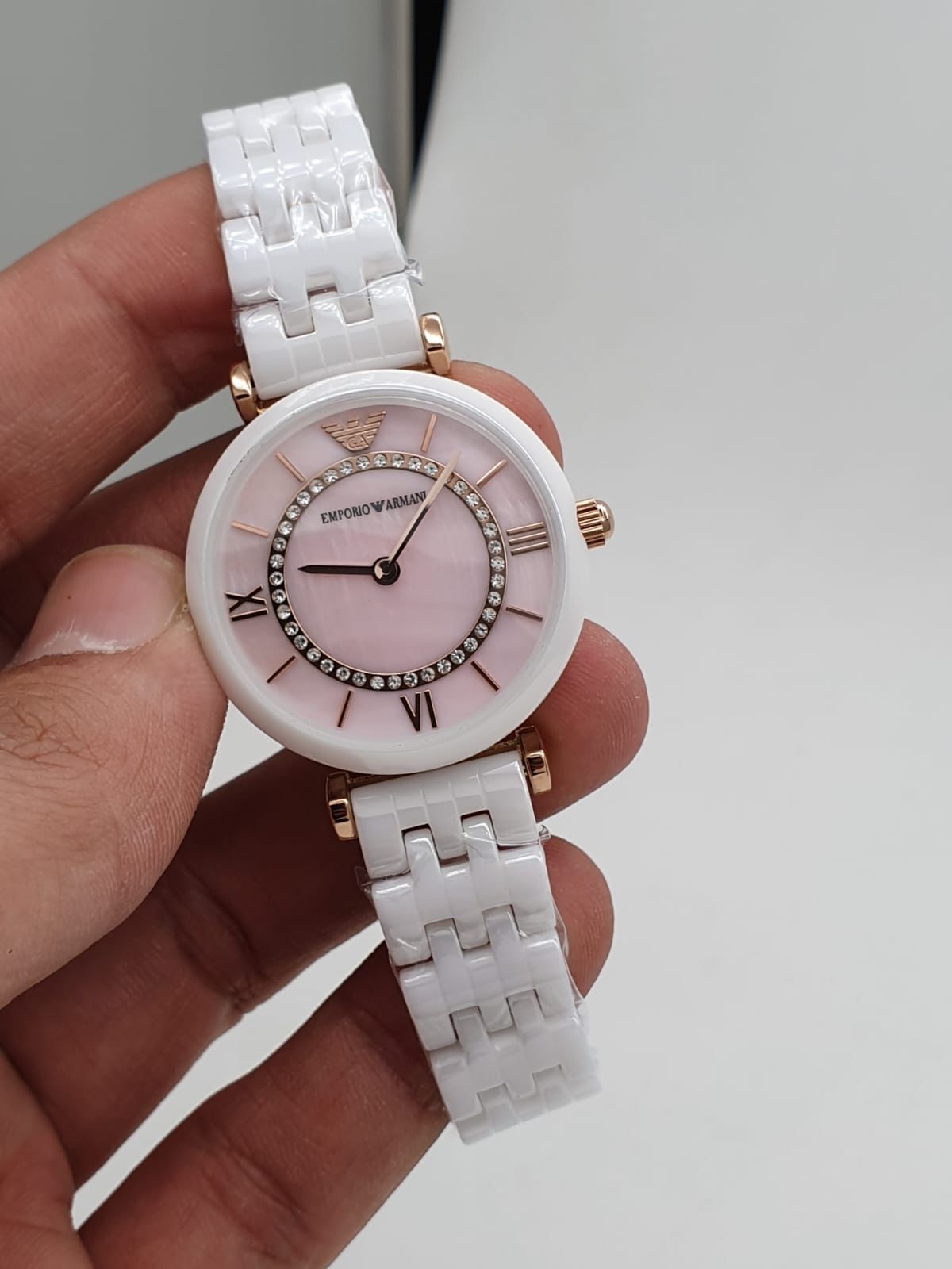 Mra White Chain Pink Copper Dial Ceramica Ladies Watch