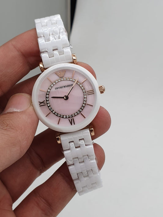 Mra White Chain Pink Copper Dial Ceramica Ladies Watch
