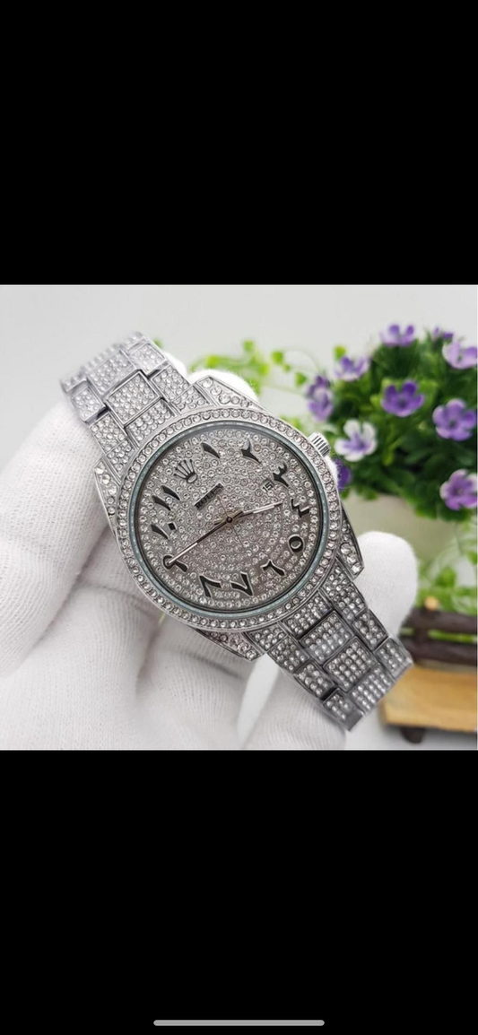 Silver Roman Numbers Studded Diamond Chain Chrono Watch For Men