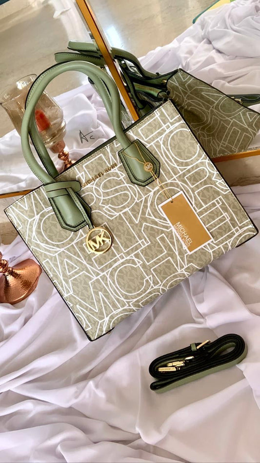 CIM Green White Colour Mk Print Design Premium Quality Small Ladies Hand Tote Bag Ladies Bag 50023