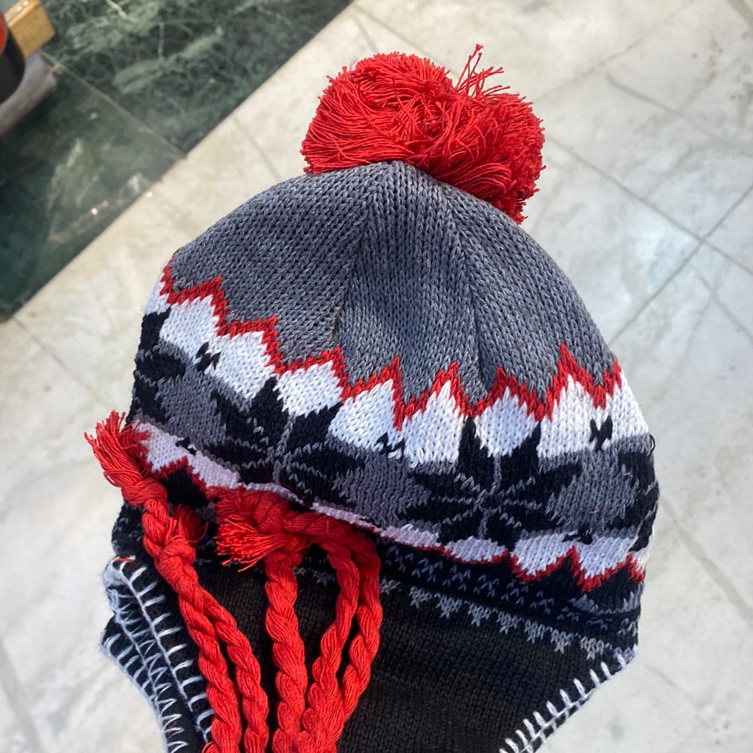 Red Grey Black Colour Ear flaps features braided tassels Beanie Cap 9337