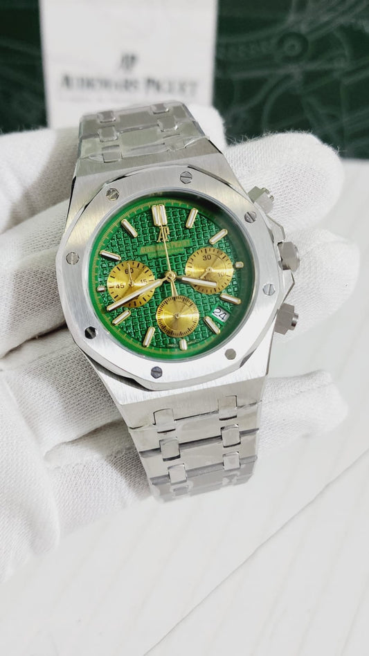 Ap Silver Chain Green Dial Heavy Chronograph Men Watch 401201