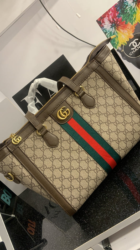 Cug Brown Cream Colour GG Print Red Green Stripe Design Premium Quality Ladies Hand Tote Bag Ladies Bag 50025