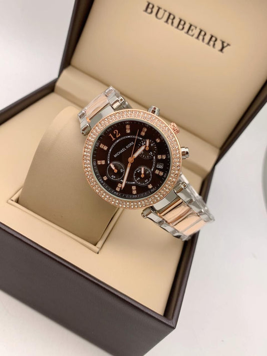 Cim Silver Copper Chain Black Dial Chronograph Working Ladies Watch