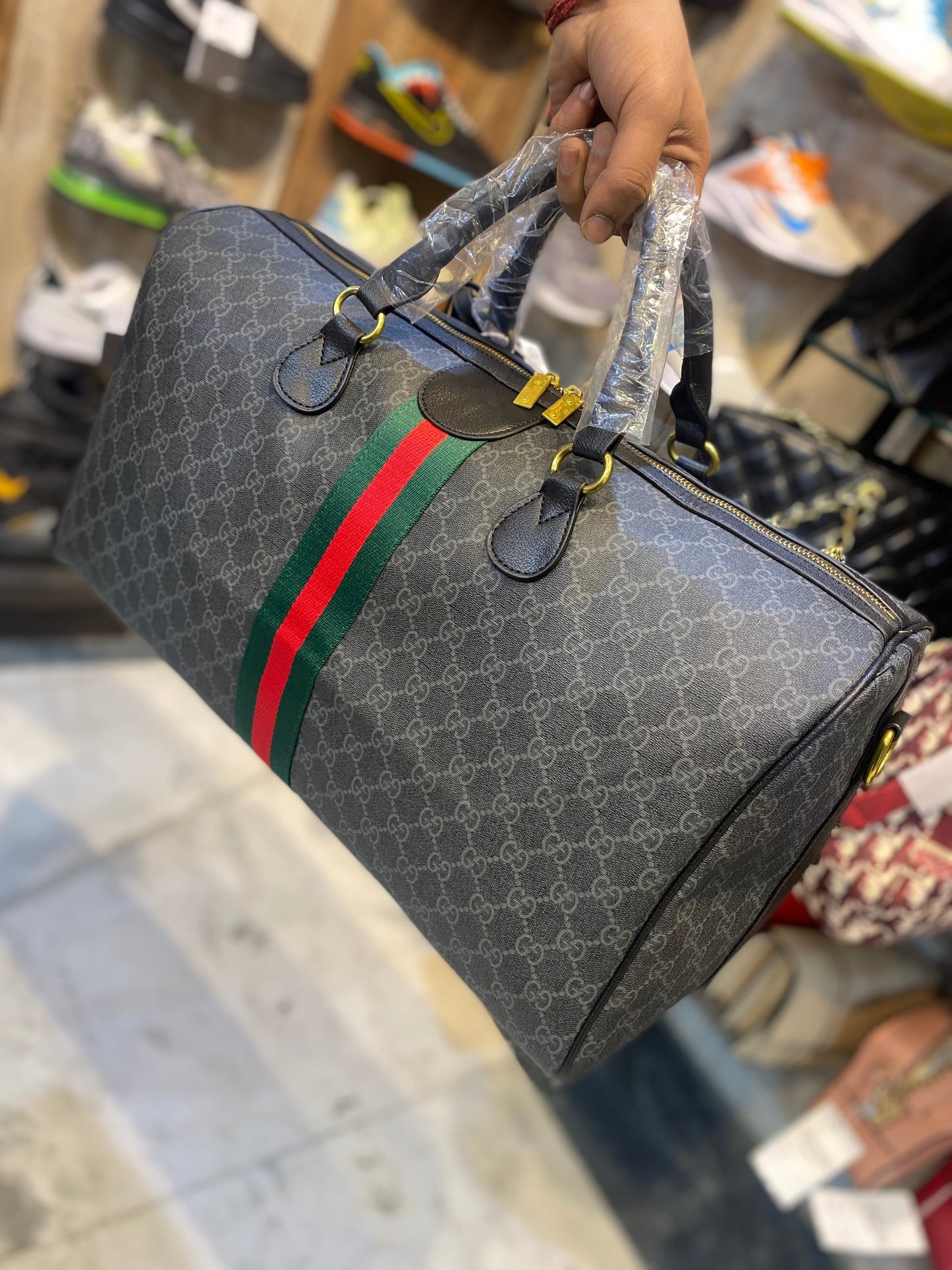 Grey Black Red Green Stripe CUG Unisex Duffle Bag