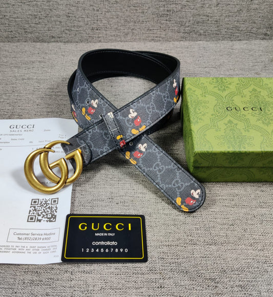 Black Colour Cug Guc Gold G  Buckle Micky Print Genuine Leather Men’s Belt 9181