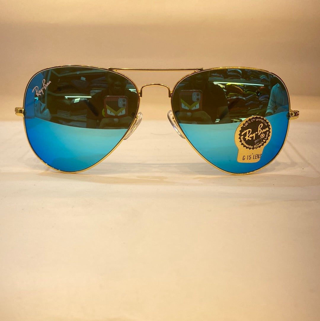 YAR RB Glossy Gold Frame Blue Shade Unisex Aviator Sunglasses RB3026 62 14 138
