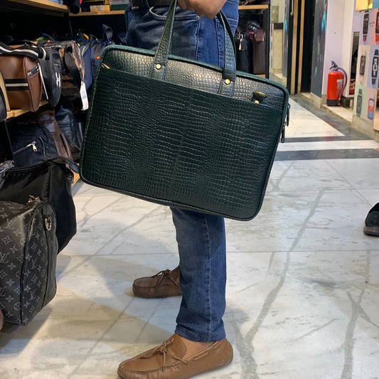 Green Colour  Genuine Leather Heavy Quality Crock Print Laptop Bag 4216
