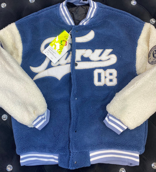 08 Blue Colour Fuarou Latter Patched Colorblock Button Front Teddy Varsity Jacket