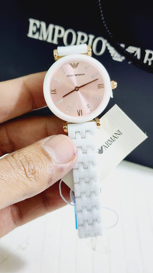 White Chain Pink Copper Dial Ceramica Ladies Watch