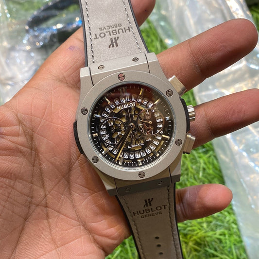 Buh Grey Silver Dial Chrono Leather Silicone Strap Watch For Men