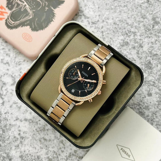 Sof Copper Silver Chain Black Dial Ladies Watch