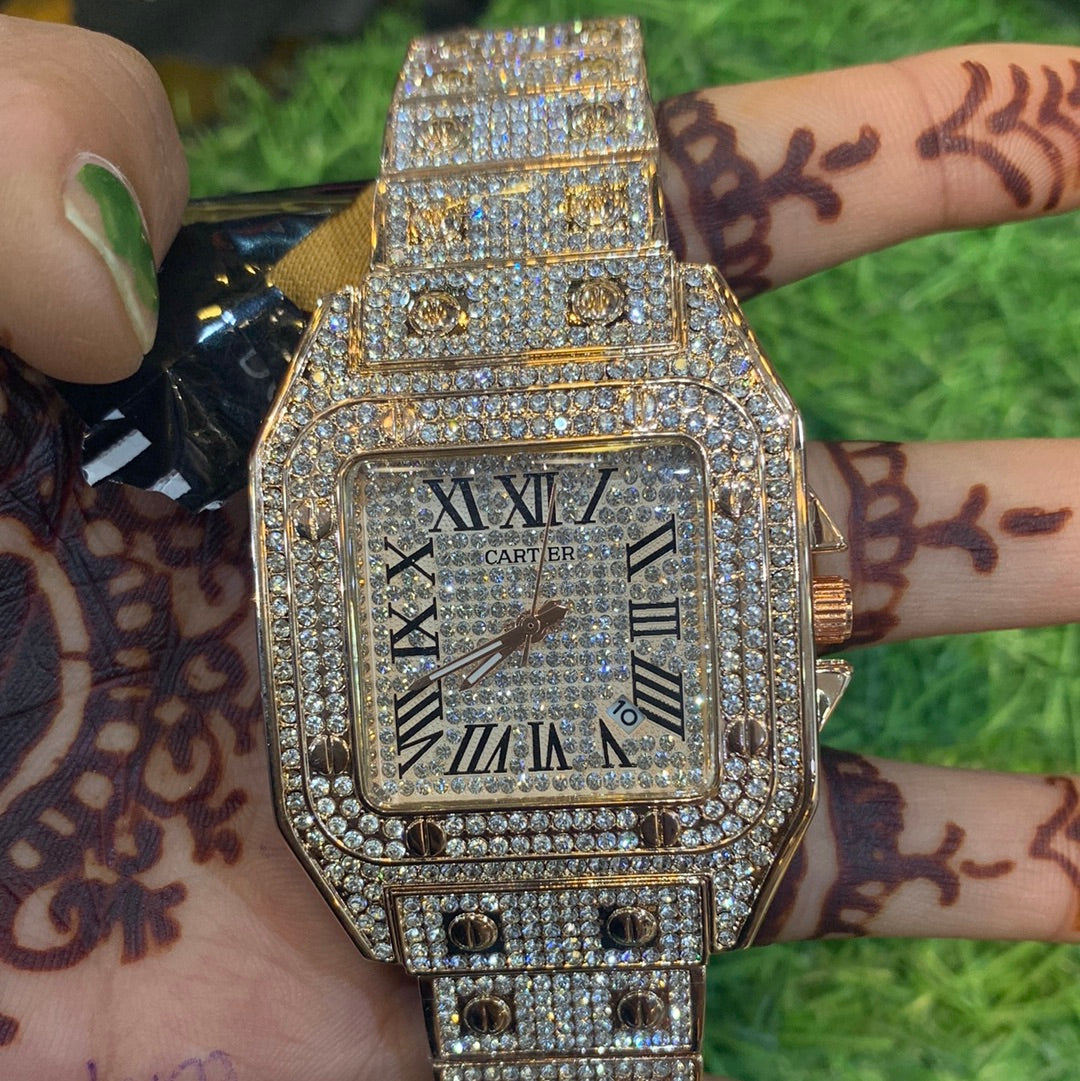 Car Rose gold diamond chain white dial Chrono working Men Watch
