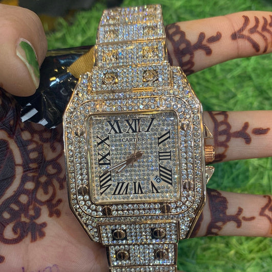 Car Rose gold diamond chain white dial Chrono working Men Watch