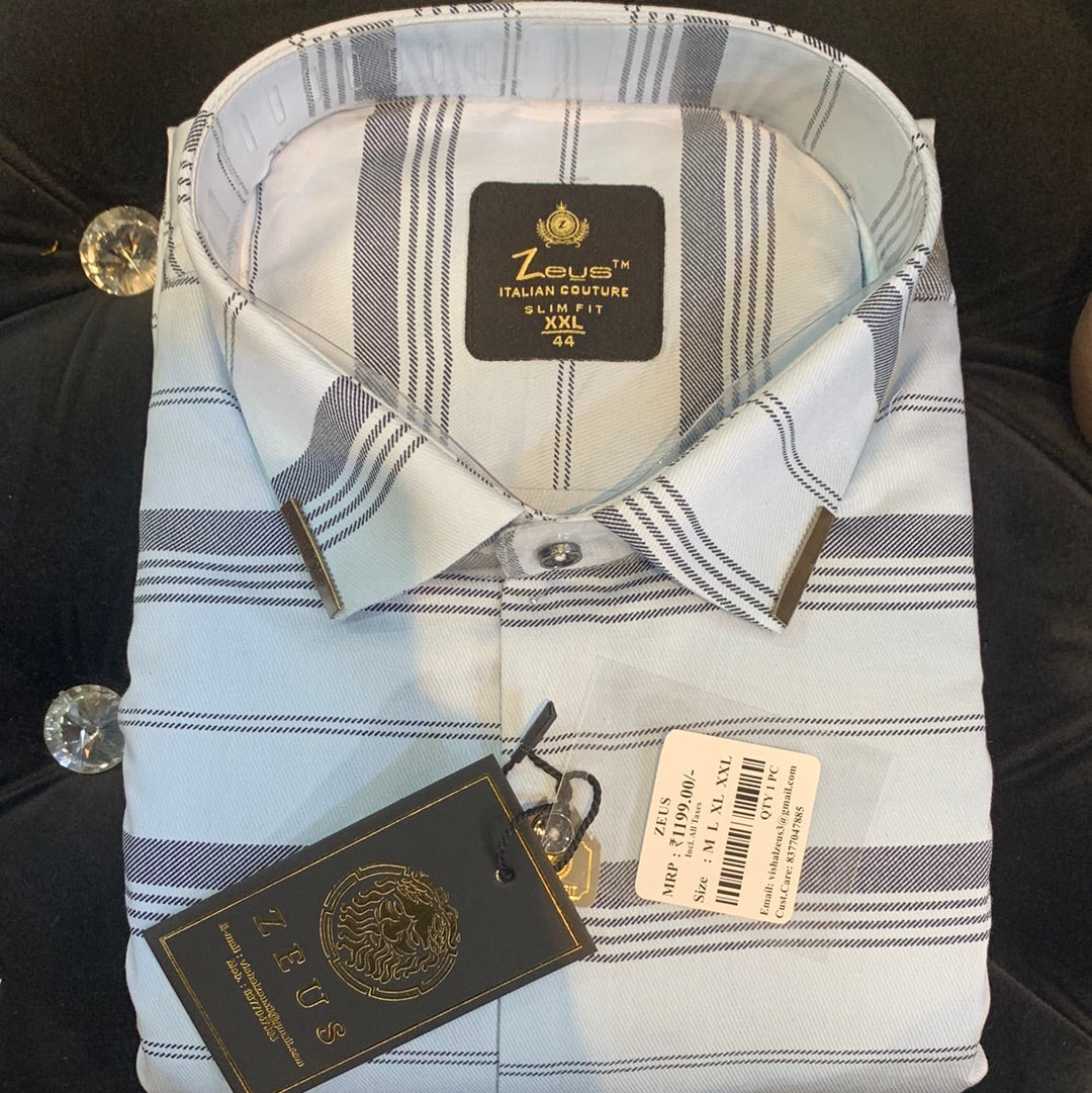 Zeus UEZ Sky Blue Colour Navy Blue Multi Striped Linen Cotton Full Sleeve Italian Couture Slim Fit Shirt 110075