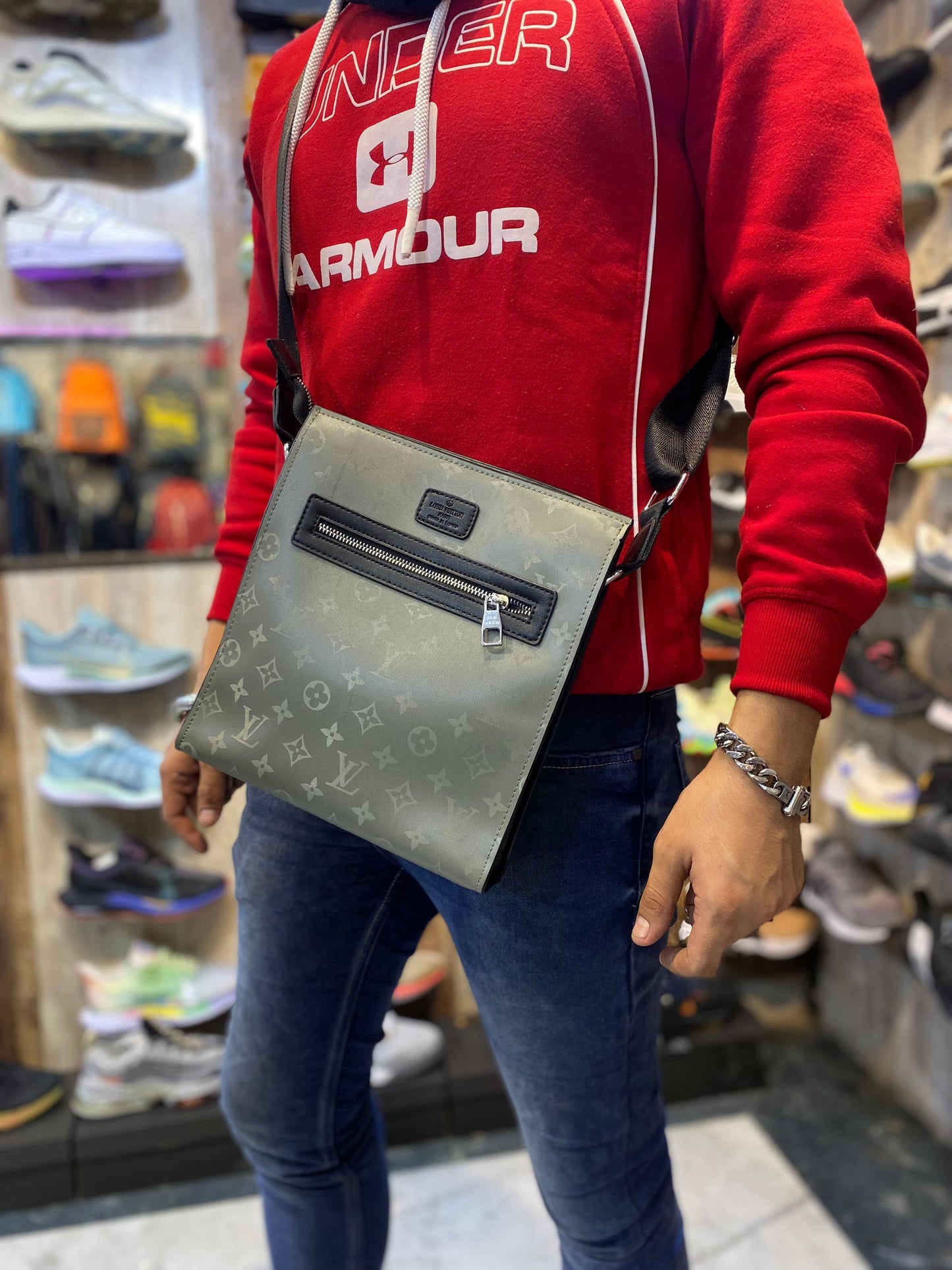UOL Grey Black Monogram Fox Leather Unisex Side Sling Bag
