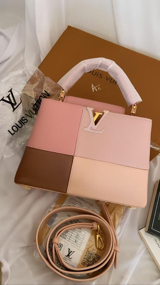 Uol Pink Brown Cream Colour Leather Premium Quality Ladies Hand Bag 900010