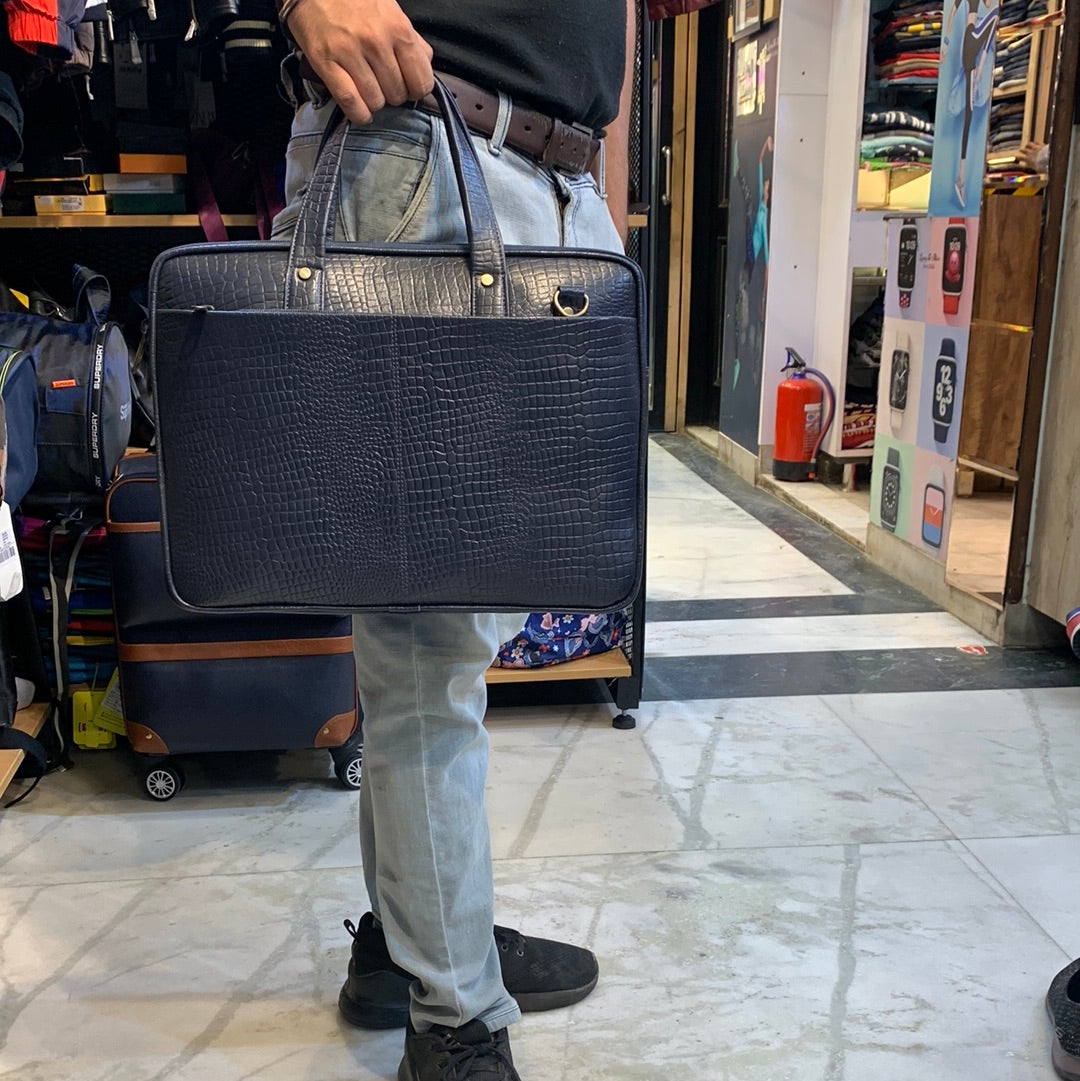 Navy Blue Colour Genuine Leather  Heavy Quality Crock Print Laptop Bag 4217