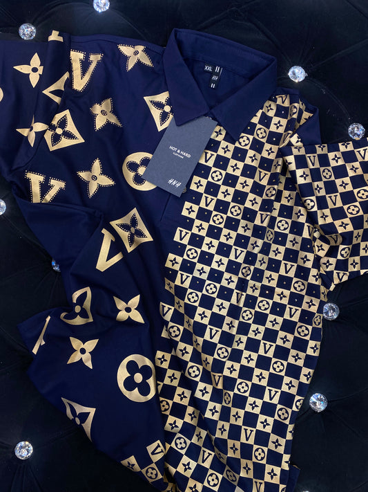 HNH UOL Navy Blue Colour With Gold VL Print Diamond Studded Half Sleeve Collar TShirt 2301065