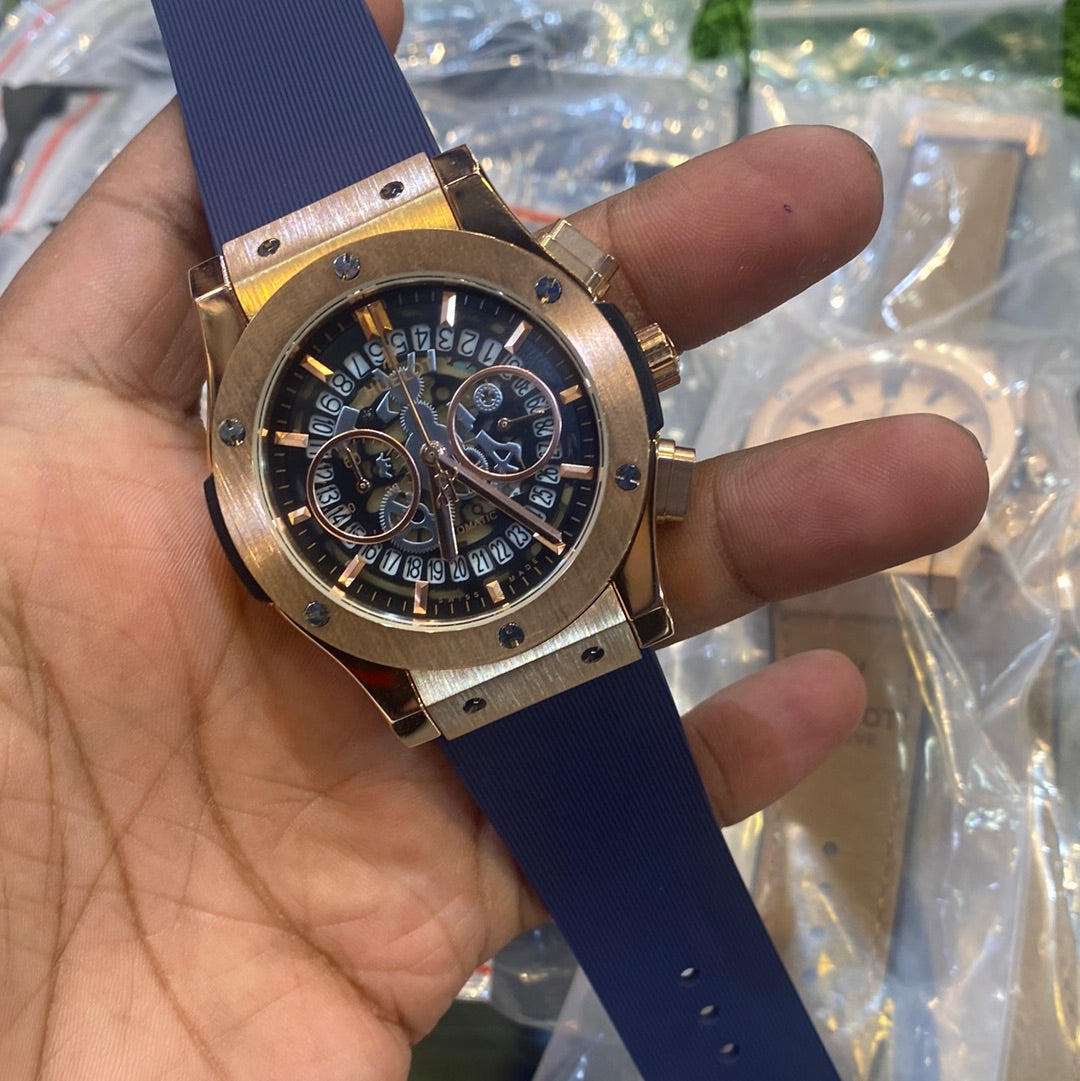 Buh Blue Silicone Strap Copper Dial Chrono Watch For Men