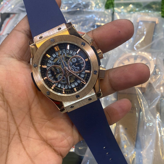 Buh Blue Silicone Strap Copper Dial Chrono Watch For Men