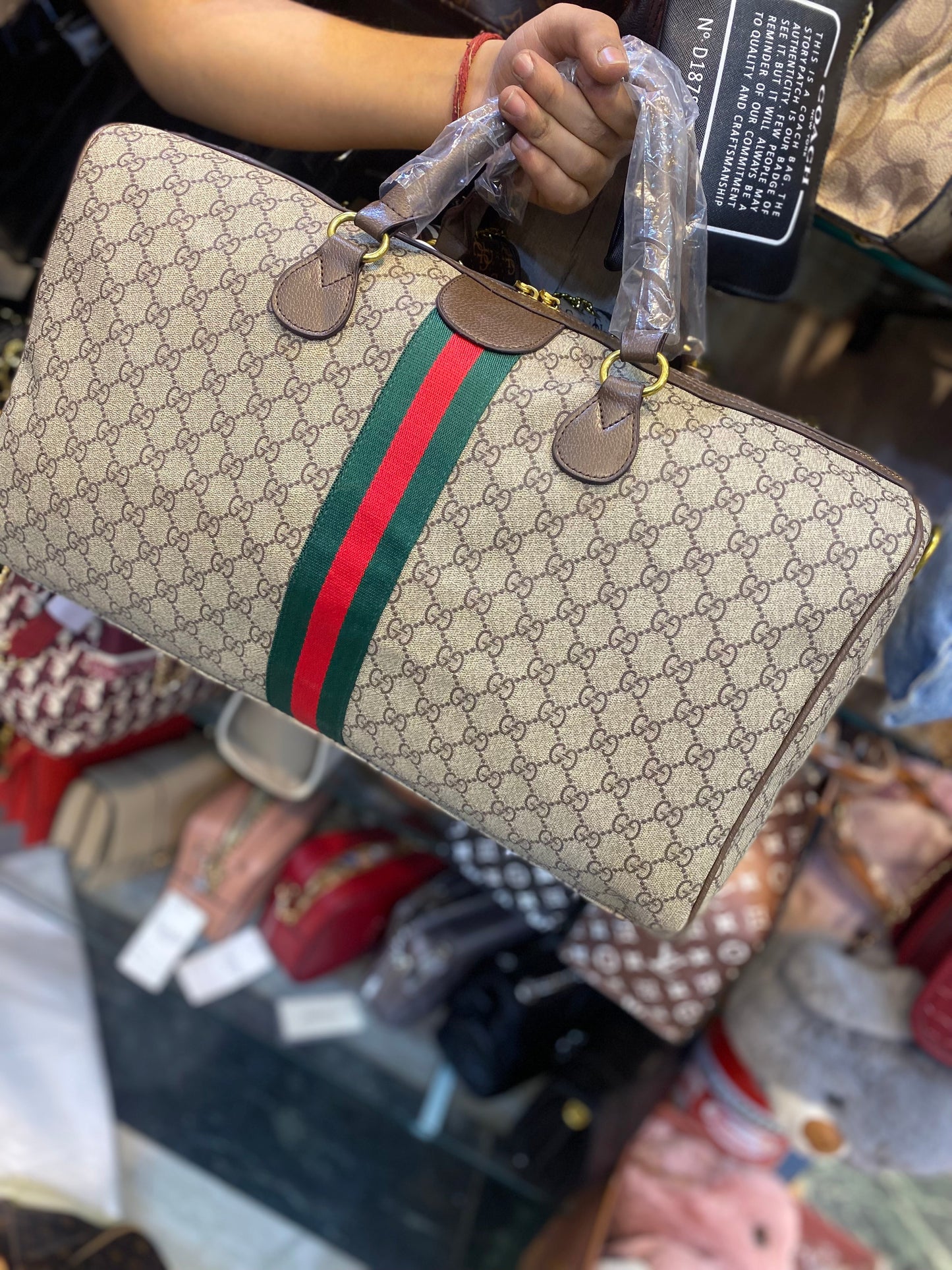 Cream Brown Gold Red Green Stripe CUG Unisex Duffle Bag