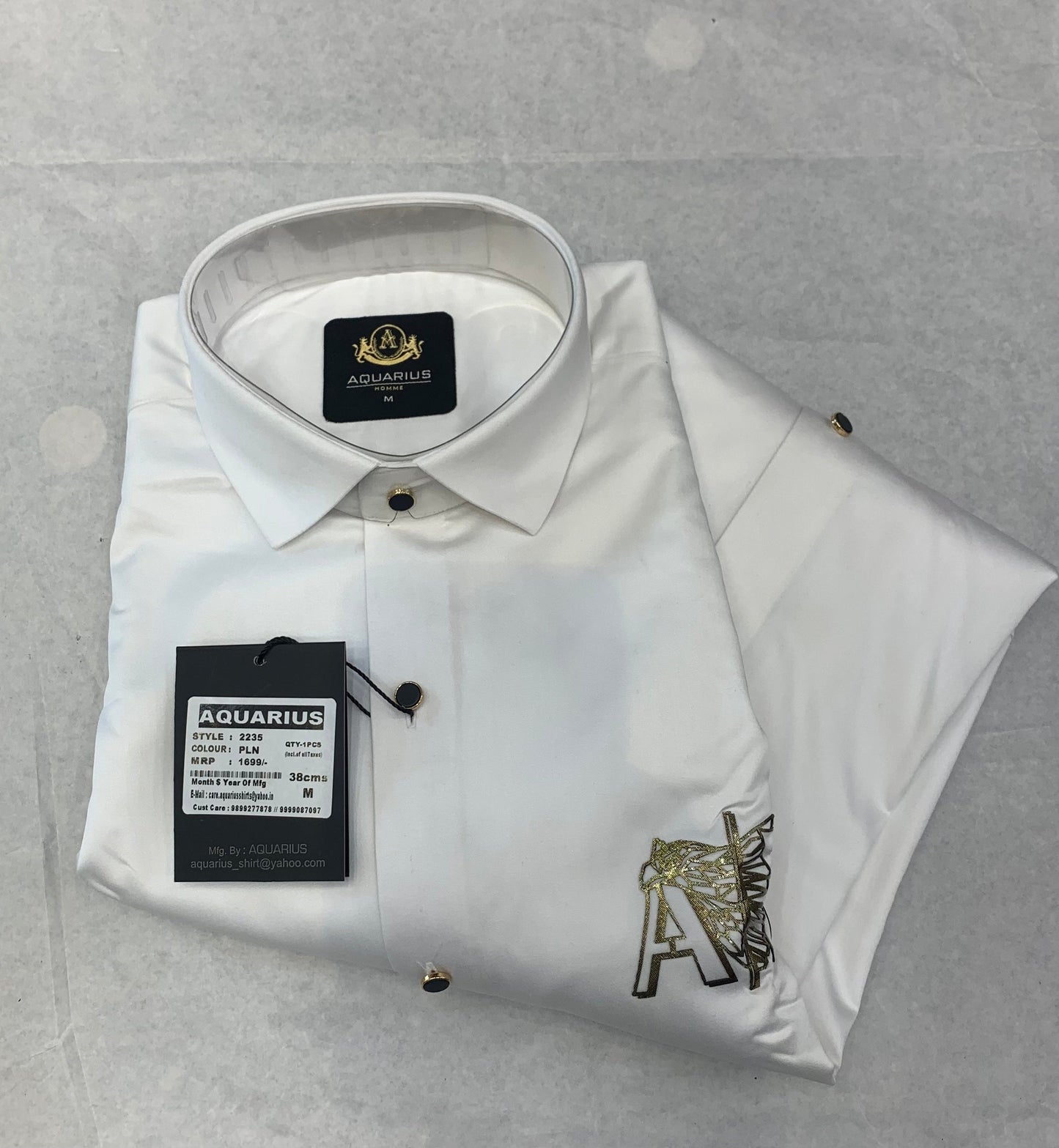 Aquarius AX White Color with AX Gold Print Studded Design Premiere Quality Full sleeve Shirt 2235
