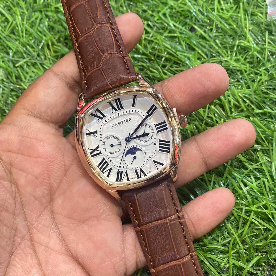 RAC Brown Strap Rosegold Ring White Dial Chrono Working Men’s Watch