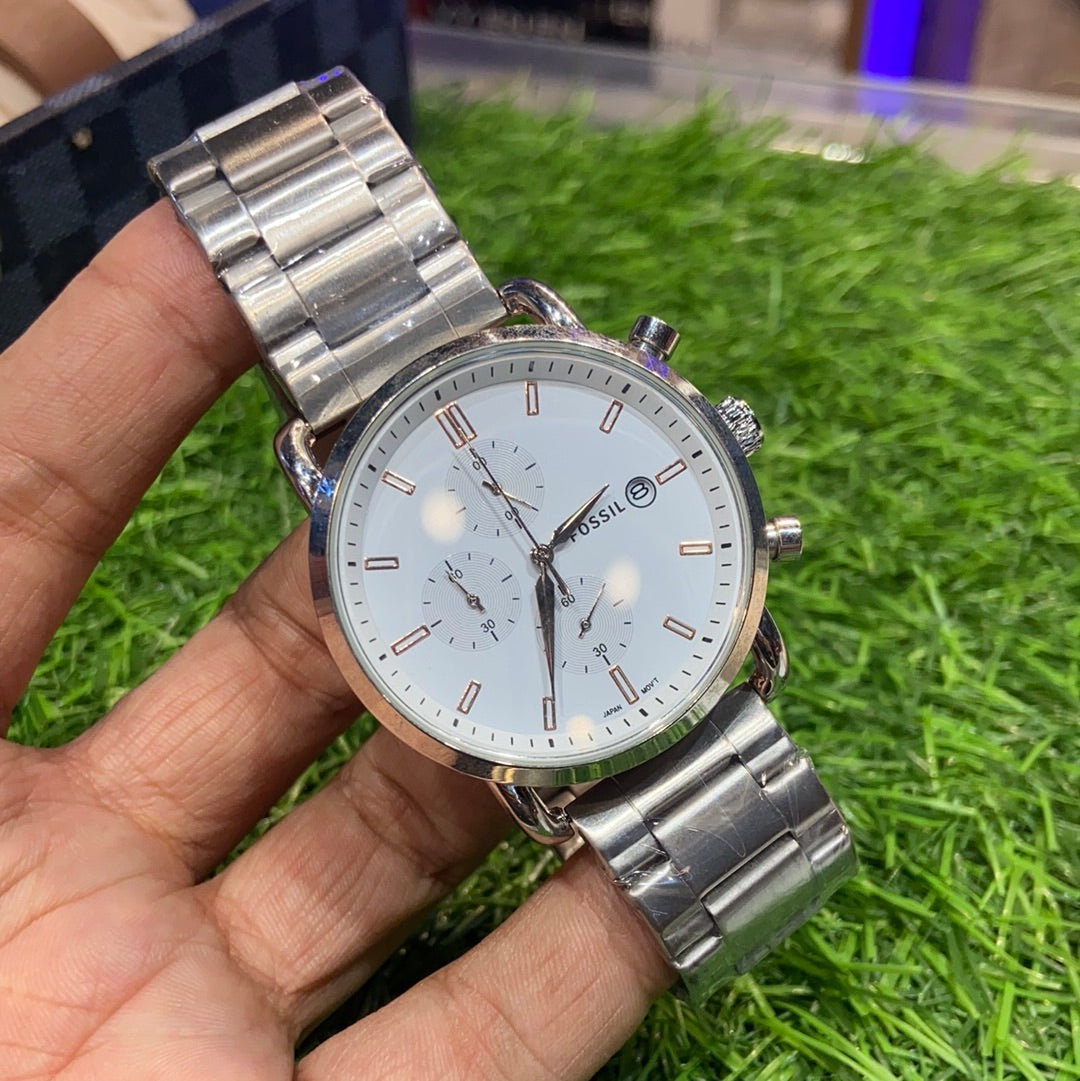 Sof White Dial Silver Chain Chrono Watch For Men 400109