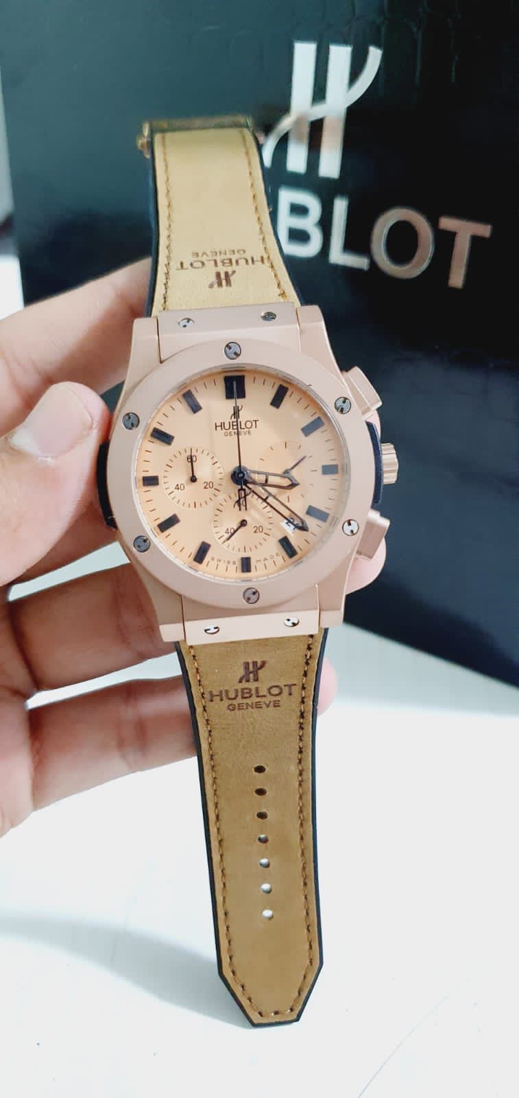 Buh Copper Dial Chrono Leather Brown Strap Watch For Men