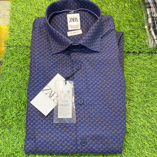 Navy Blue Colour Printed Shirt Zar Raz Lycra Cotton Men’s Wear Shirt. 03206409403047