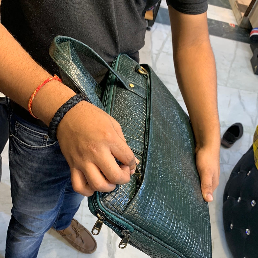 Green Colour  Genuine Leather Heavy Quality Crock Print Laptop Bag 4216