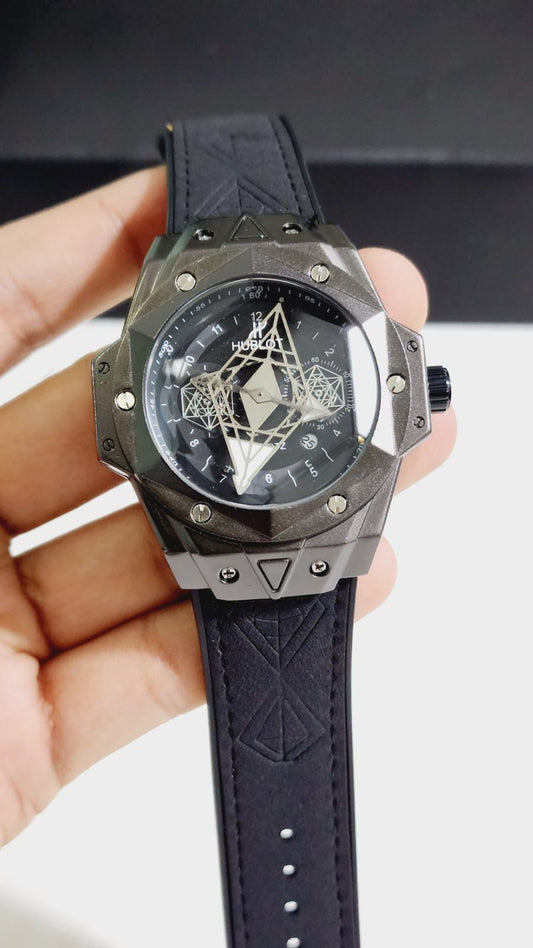 BUH Black Strap Black Ring Black Dial Men Watch.